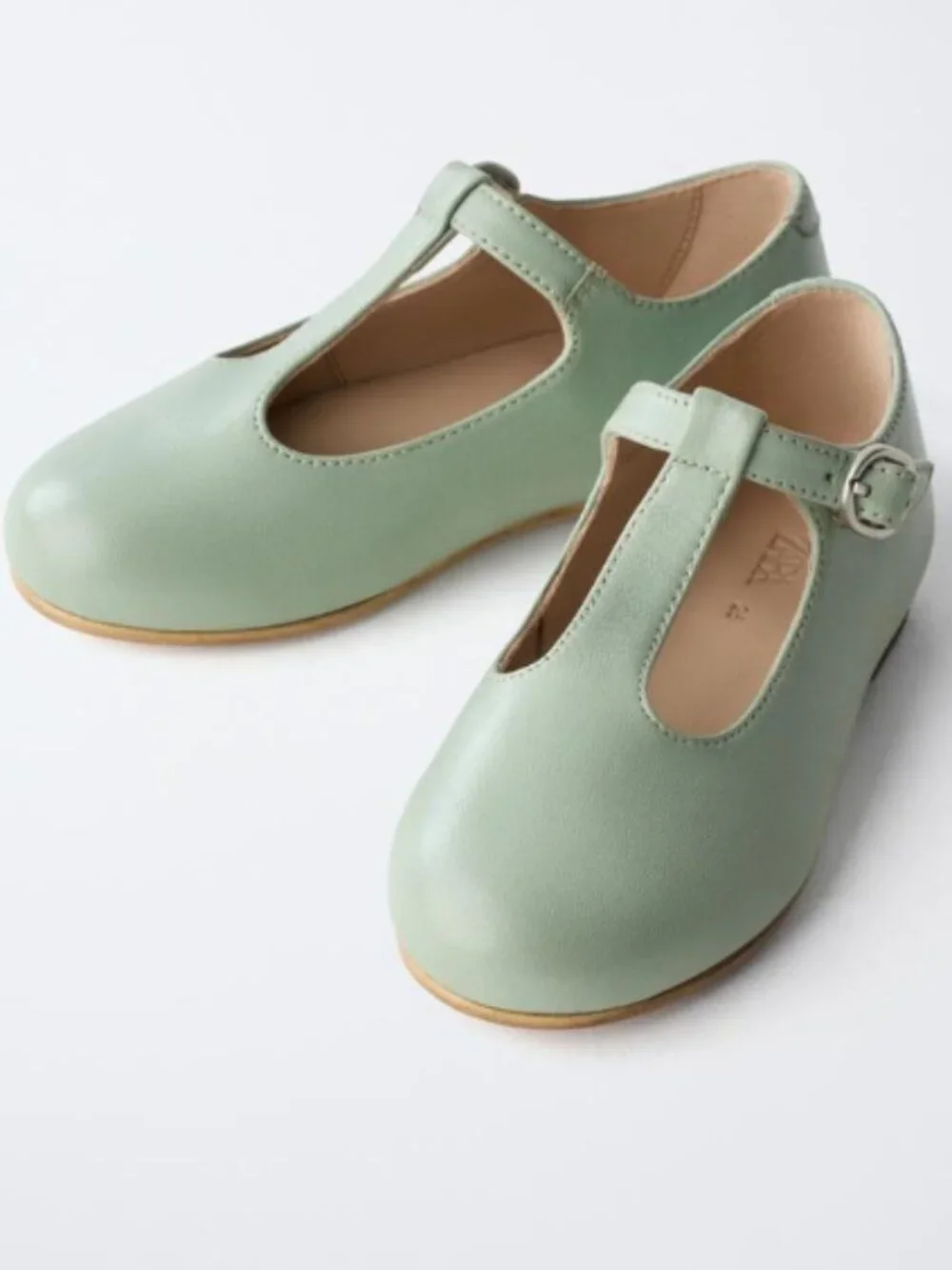 Zara Toddler Girl Leather T Strap Ballet Flats Sheepskin Rubber Sole Green Sz 22